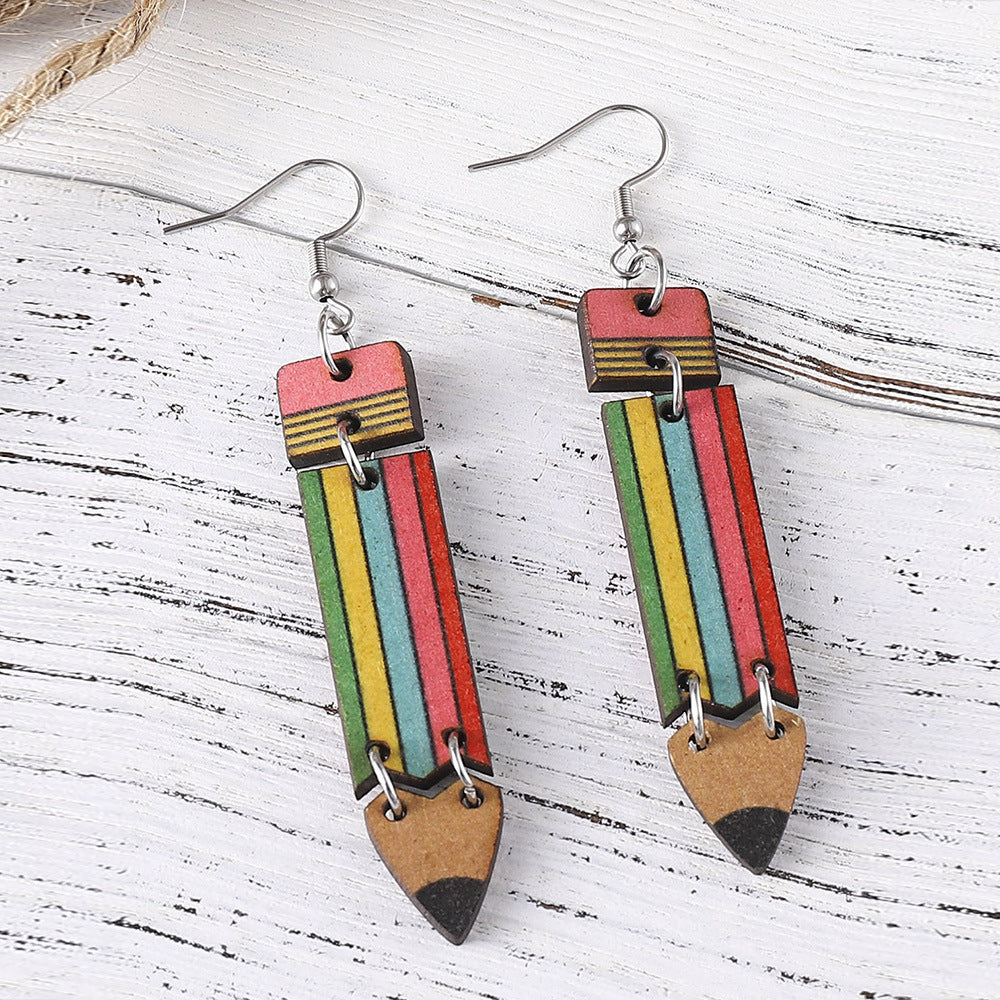 Wholesale Rainbow Pencil Double Sided Wooden Student Teacher Earrings