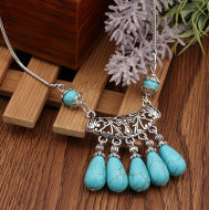 Wholesale Vintage silver hollowed out carved turquoise pendant necklace