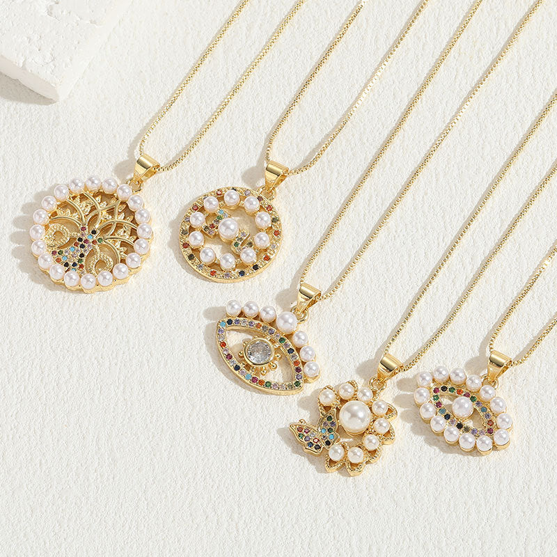 Wholesale Life Tree Demon Eye Zircon Pearl Pendant Copper Necklace