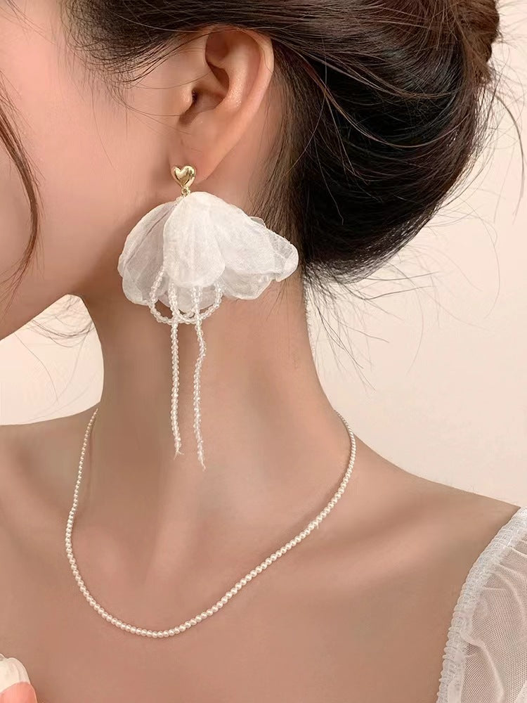 Wholesale Fabric flower super fairy handmade beaded fairy small fresh flower silver needle earrings