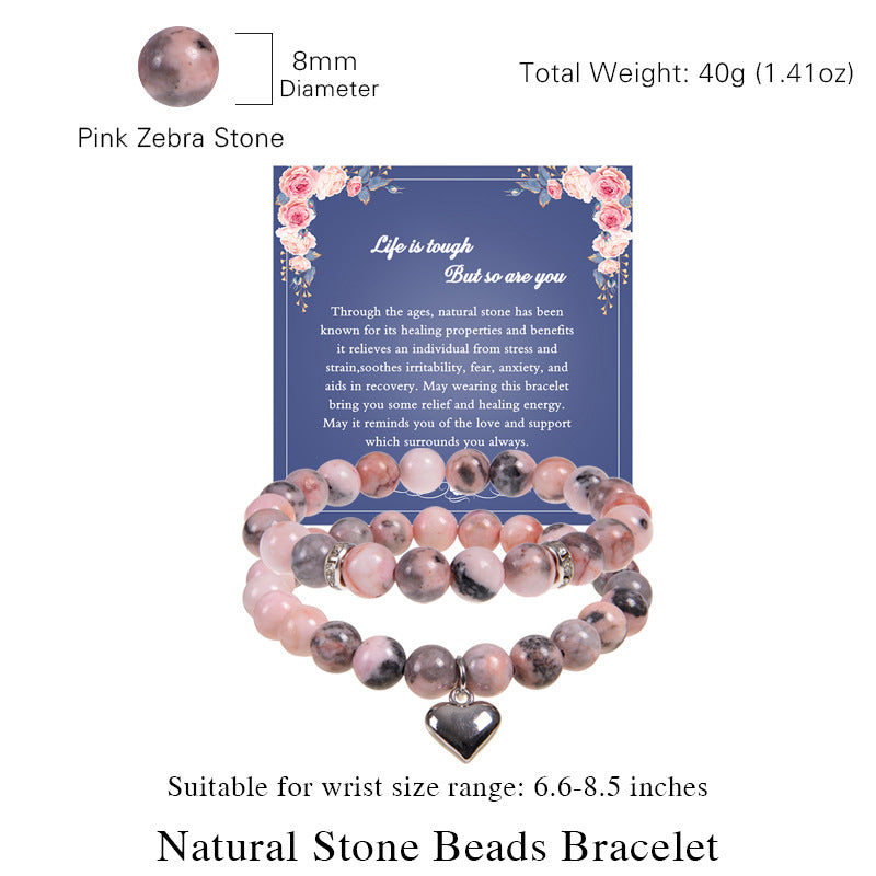 Wholesale 8mm Natural Stone Beaded Heart Set Bracelet