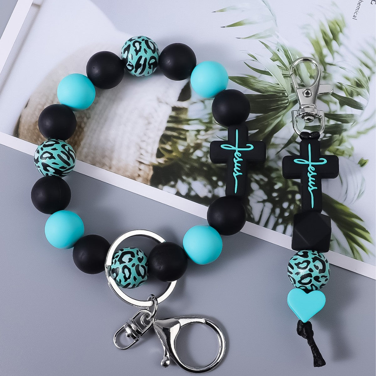 Wholesale Cross Silicone Leopard Print Wooden Bead Keychain