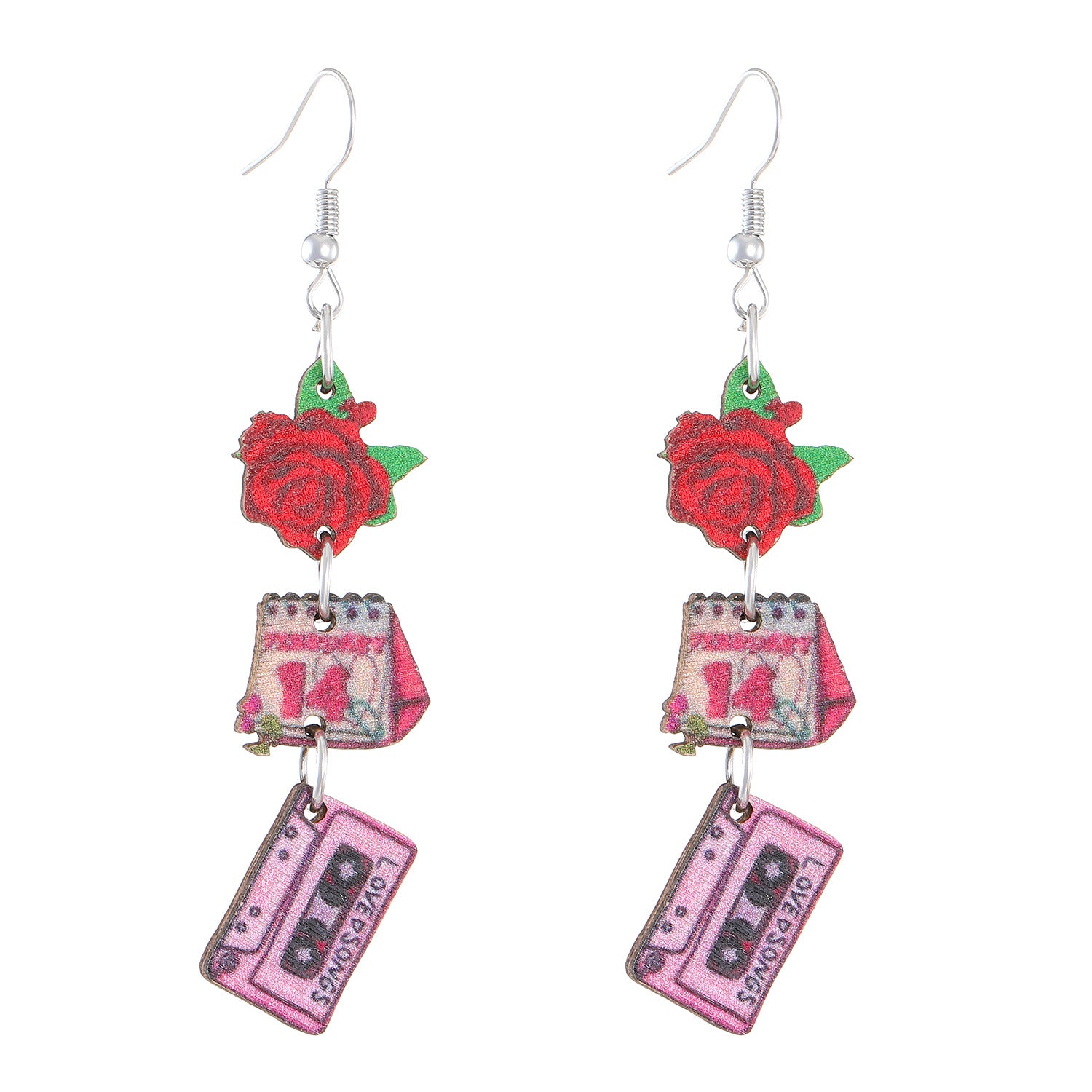 Wholesale Valentine' s Day pink heart-shaped rose fringed earrings