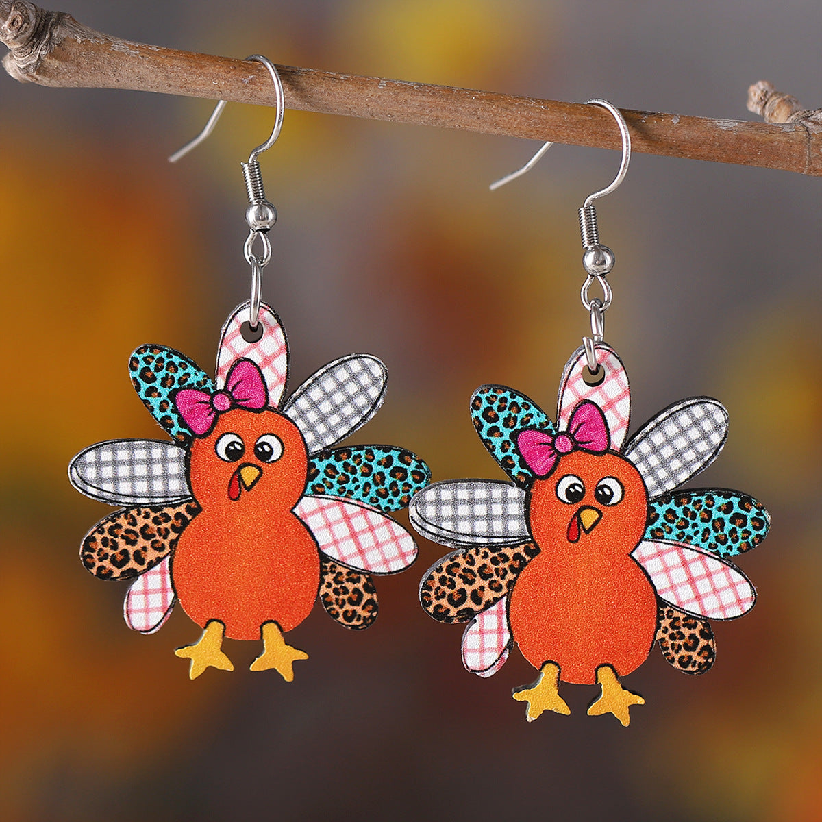Thanksgiving Wooden Double-Sided Turkey Pendant Earrings