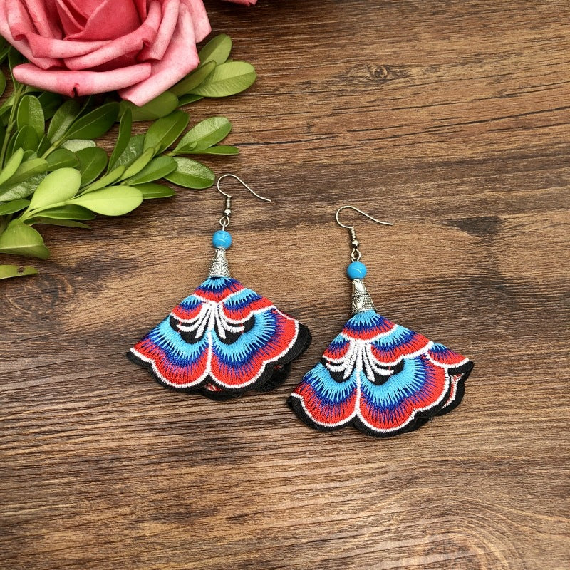 Wholesale Embroidered vintage fabric flower tassel earrings