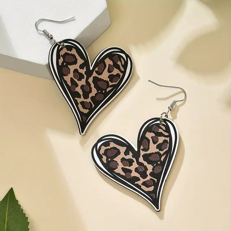 Wholesale 10pcs Mother' s Day Leopard Print Love Double-Sided Wooden Earrings