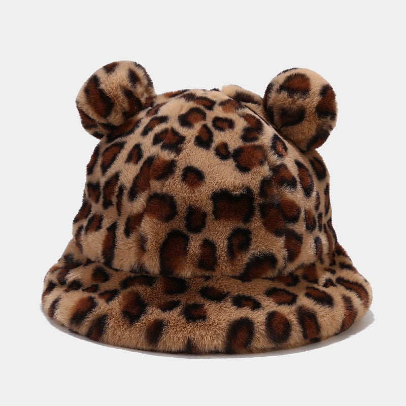 Wholesale Leopard Print Double Hair Pom Thick Plush Bucket Hat