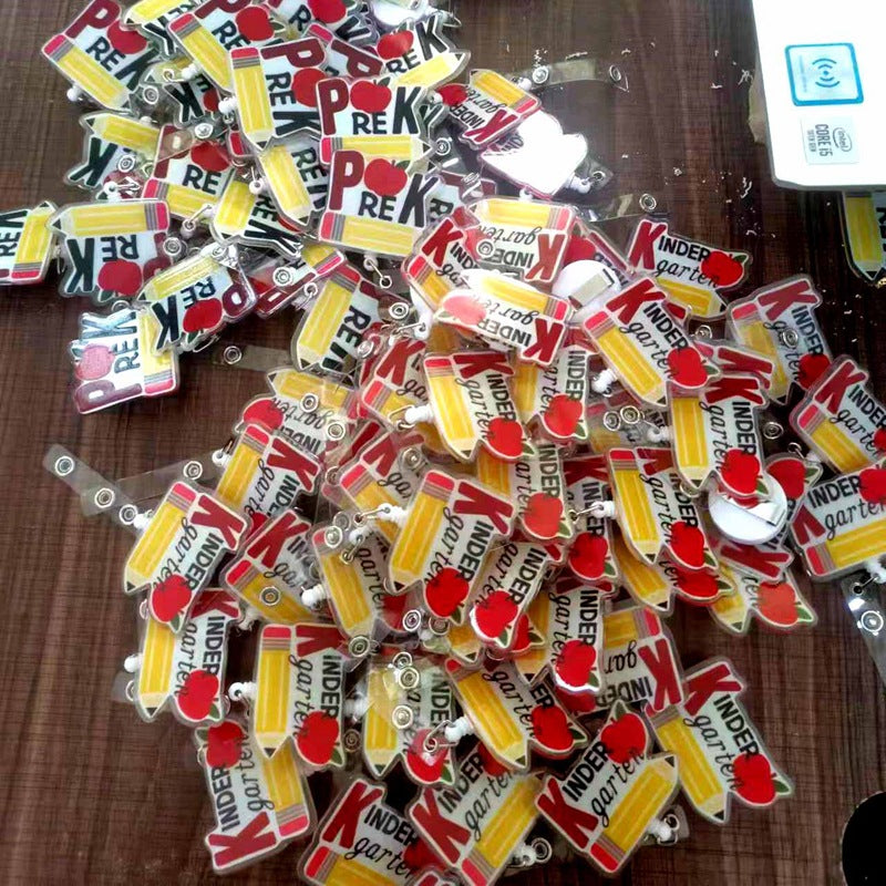 Wholesale Acrylic Teacher Badge Retractable Keychain ID Card Cover Easy Pull Buckle