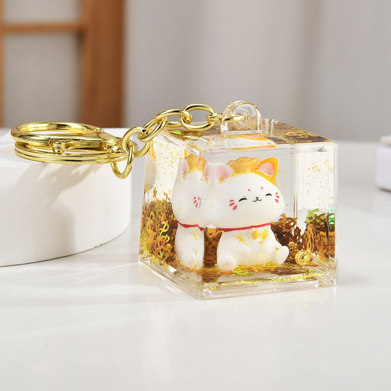 Wholesale Acrylic Golden Flowing Sand Lucky Cat Creative Keychain