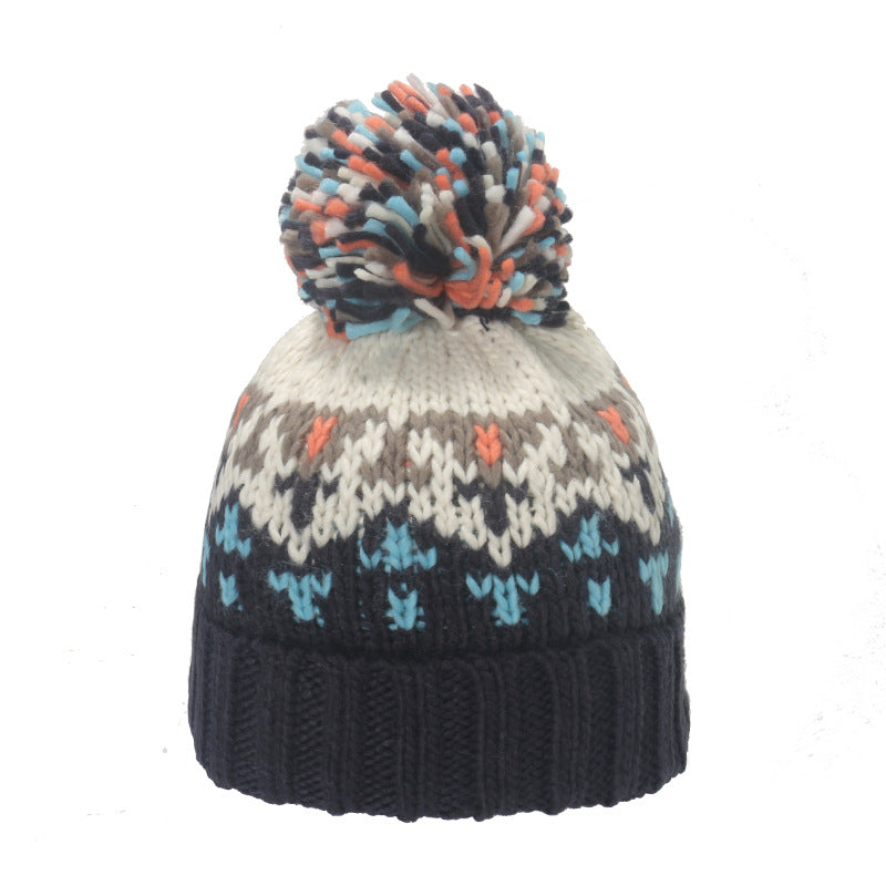 Wholesale Warm Mohair Mixed Color Geometric Diamond Jacquard Pom Pom Hat