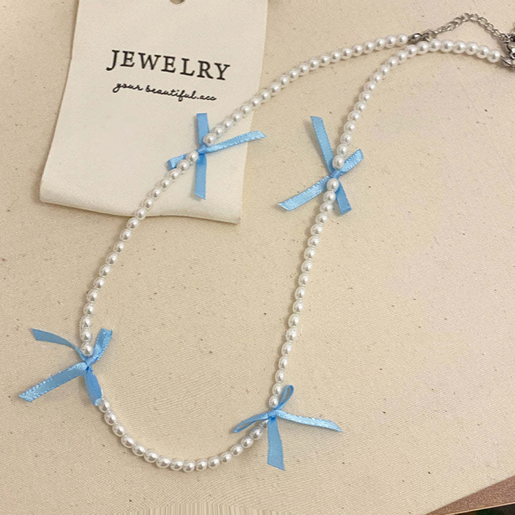 Wholesale Blue Lace Bow Pearl Jewelry Necklace