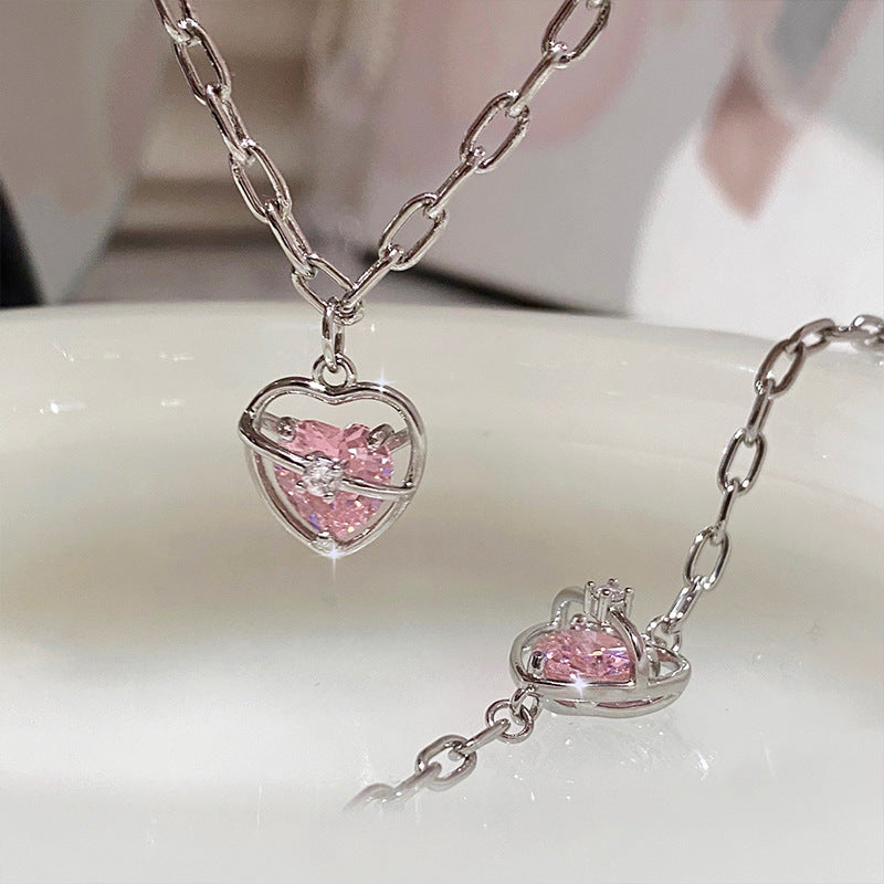 Wholesale Valentine' s Day pink diamond heart zircon necklace