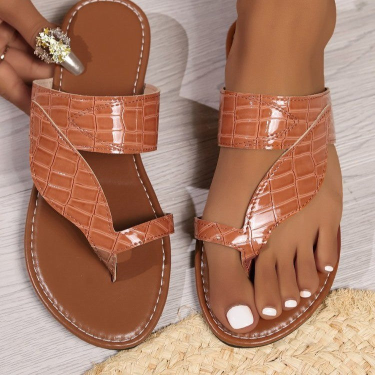 Wholesale Large Size Summer Casual Slip-on Herringbone Crocodile Leather PU Women's Flats Slippers