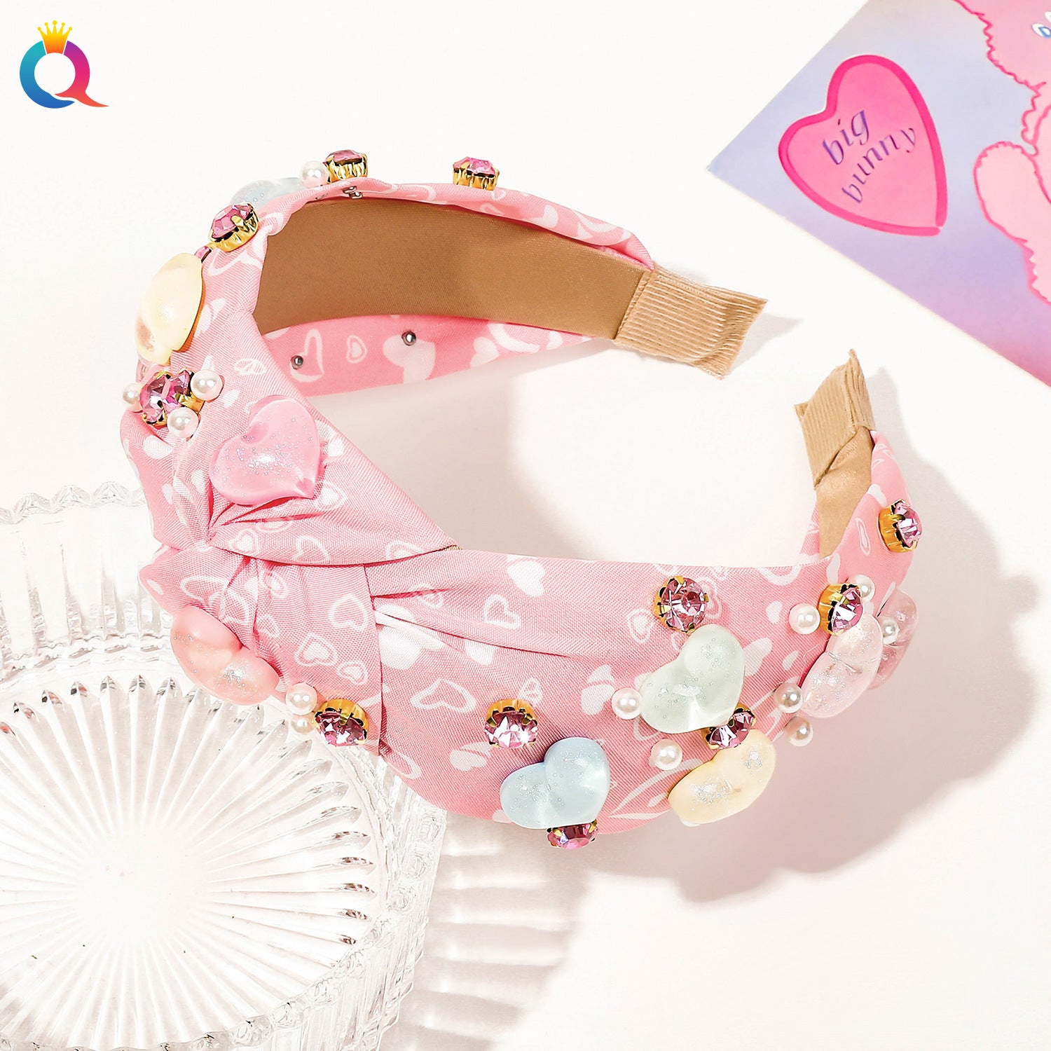 Wholesale Qiyue Valentine's Day headband pink love hairpin fabric wide-brimmed grip shark clip