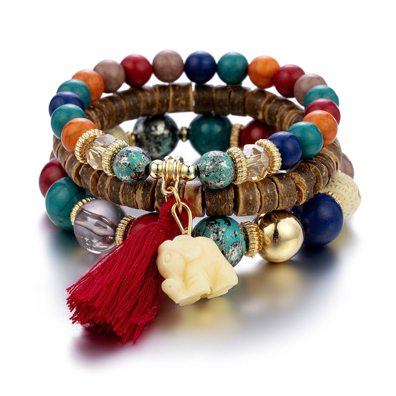 Wholesale Bohemian Trendy Ethnic Style Elephant Tassel Wood Bead Multi Layer Temperament Bracelet