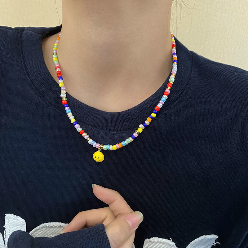 Wholesale Rainbow Color Rice Beads Beaded Smiley Clavicle Necklaces