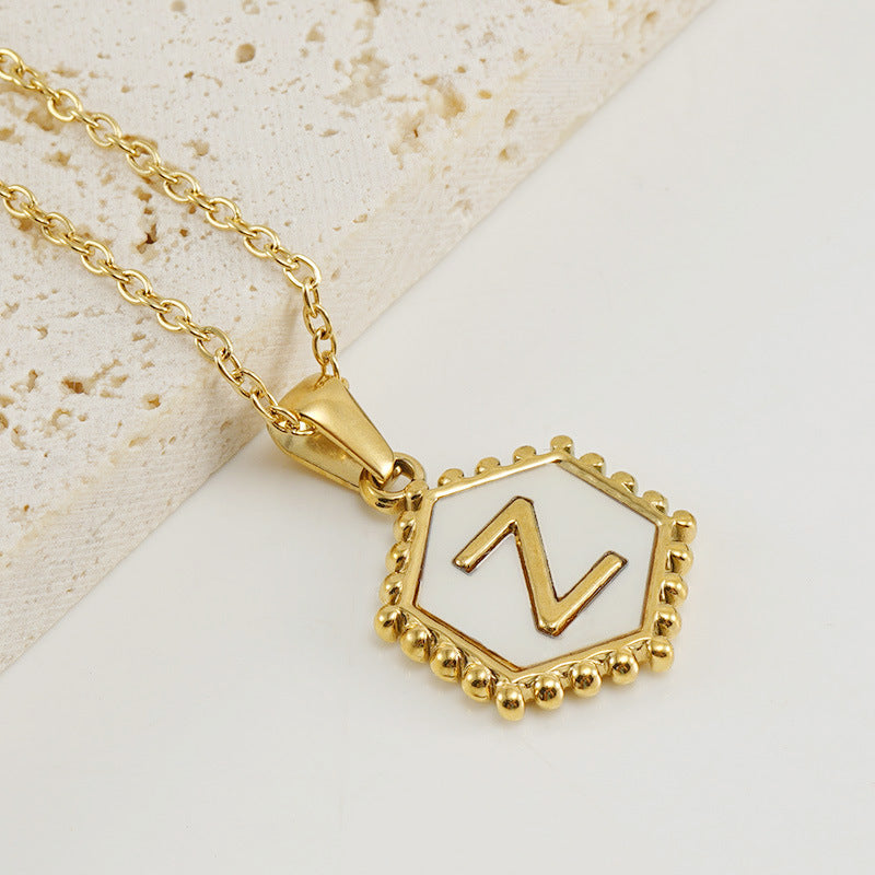 Wholesale Stainless Steel Plated Hexagonal Natural Shell Letter Pendant 18K Necklace