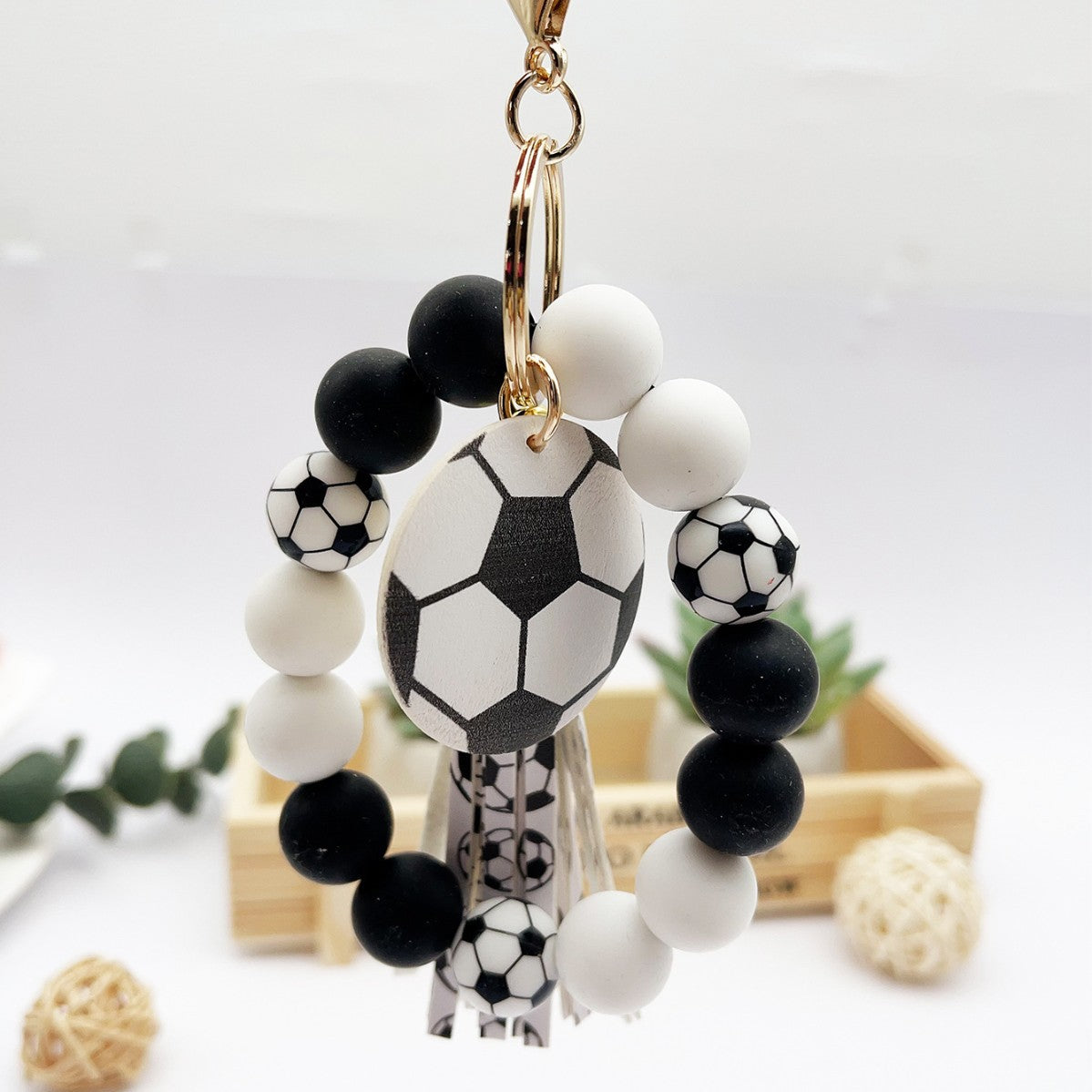 Wholesale Silicone Beaded Tassel Charm Bracelet Keychain Wood Beads Ball Pendant