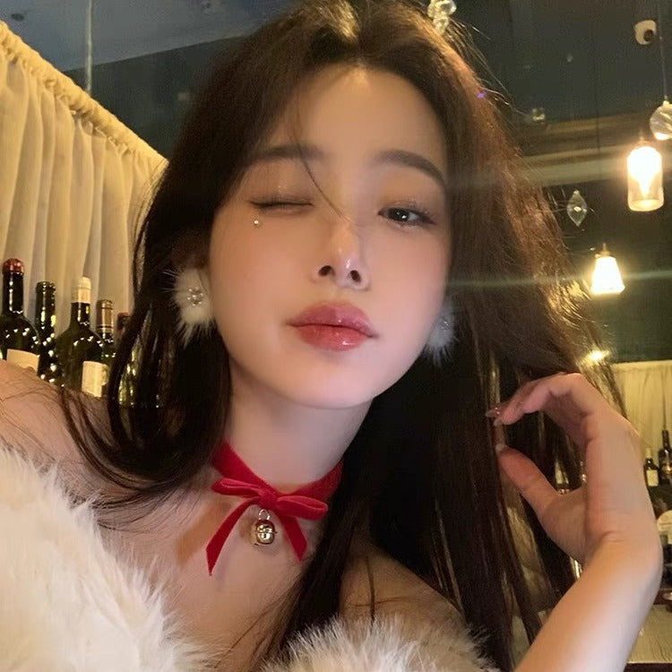 Wholesale Christmas bell choker red velvet bow necklace