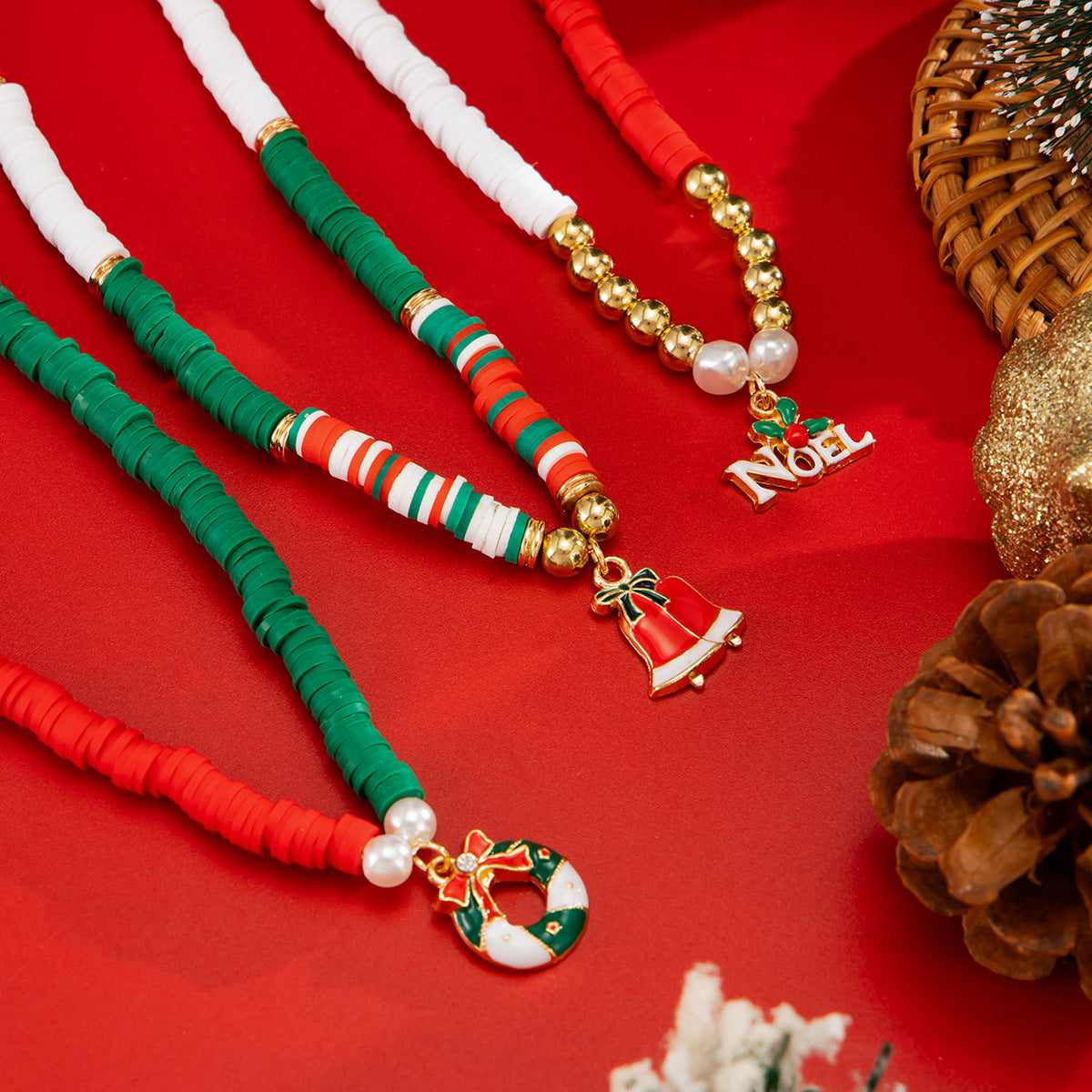 Wholesale Bell Christmas Tree Clay Bead Necklaces