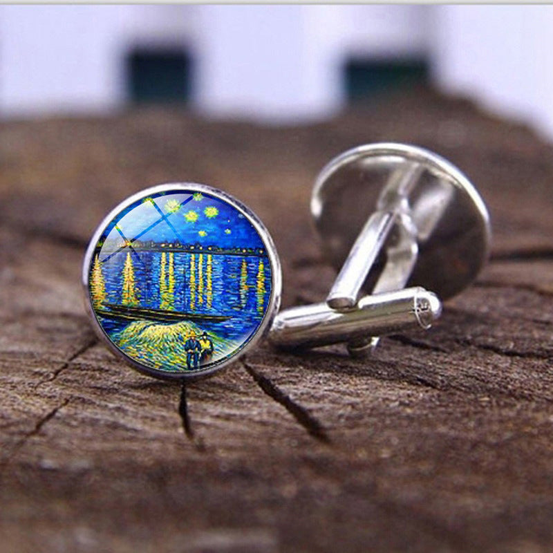 Wholesale Alloy Van Gogh Starry Night Sunflower Time Gemstone Cufflinks