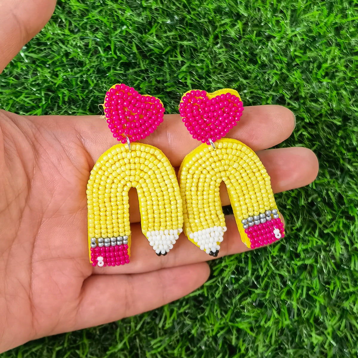 Wholesale Teacher Pencil Apple Fabric Handmade Rice Bead Earrings