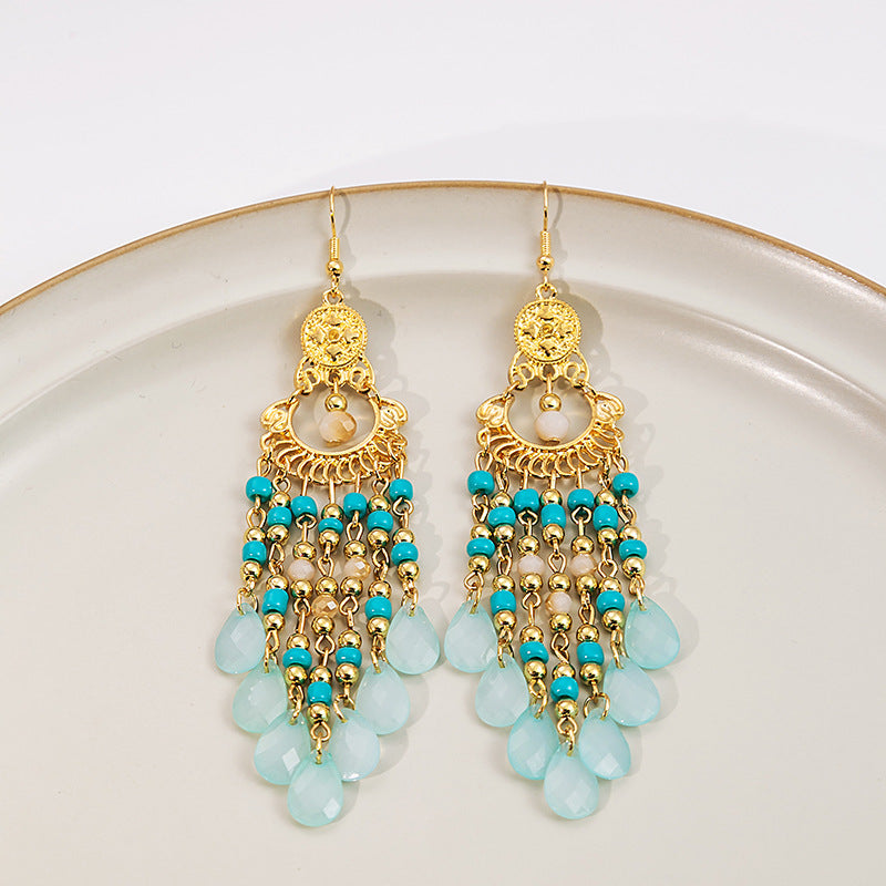 Wholesale Rice Beads Colorful Water Drop Tassel Hollow Out Earrings