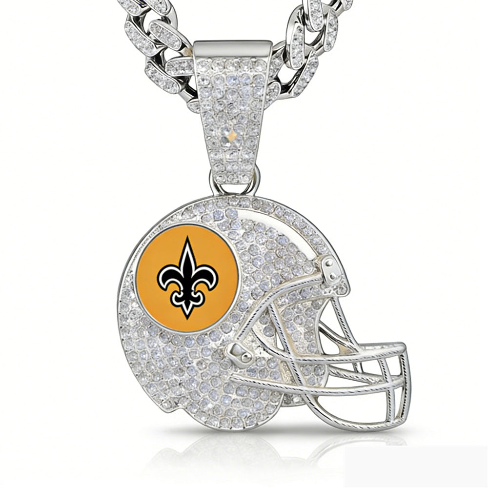 Wholesale Gold Tone Rhinestone Football Helmet Pendant Necklace Zinc Alloy Cuban Chain Trendy Boutique Jewelry Accessory