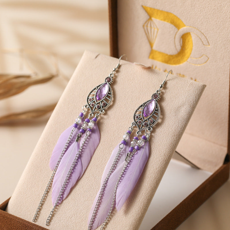 Wholesale Waterdrop Feather Retro Dot Diamond Chain Small Fresh Earrings