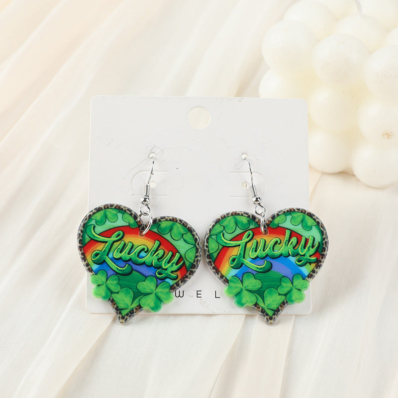 Wholesale Double sided St.  Patrick' s Day green love rainbow acrylic earrings