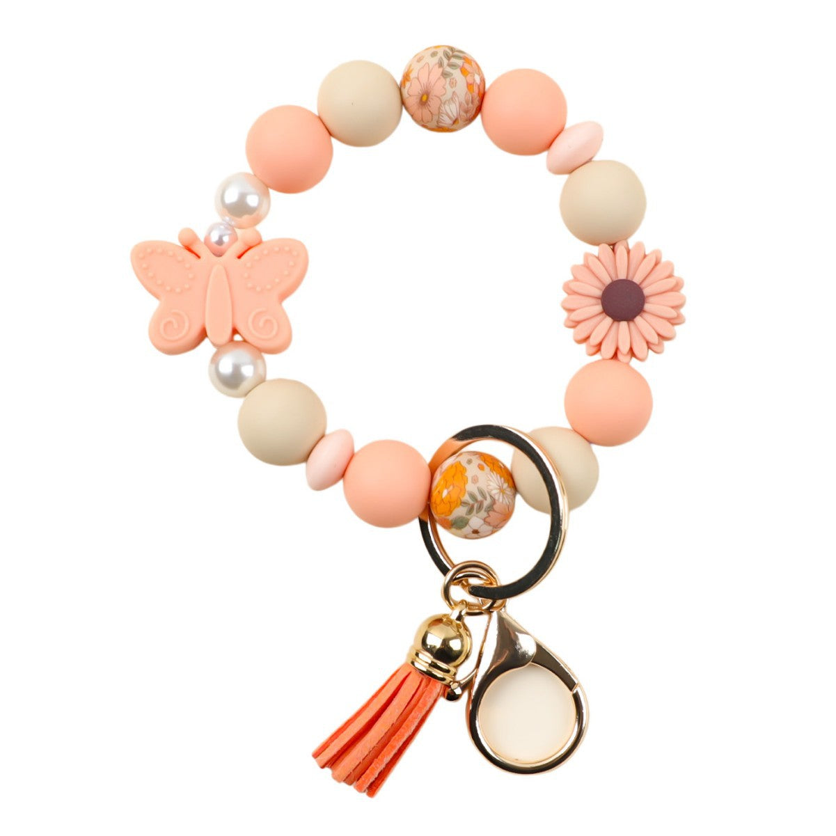 Wholesale  silicone printed wooden bead keychain bracelet key pendant