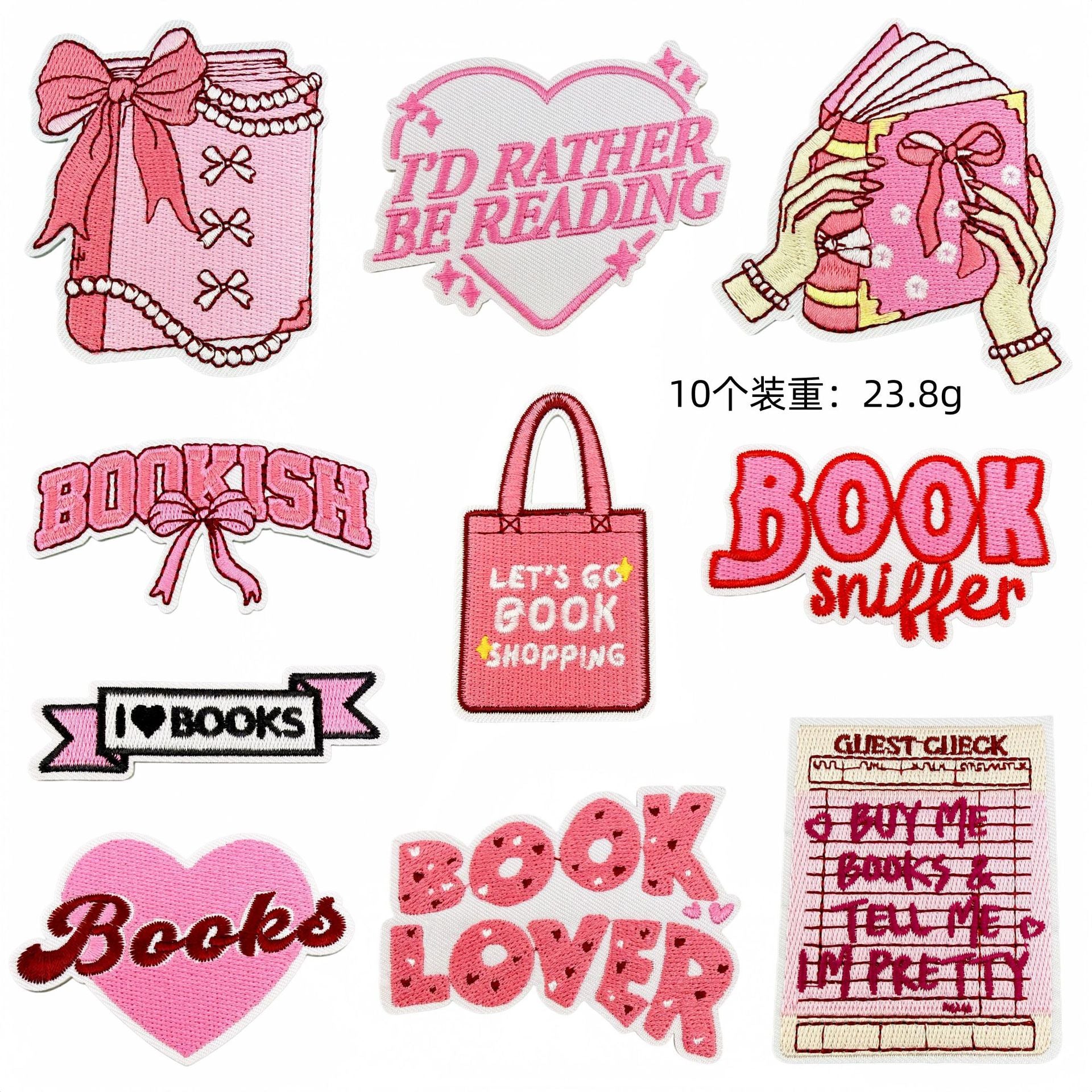 Wholesale Stylish Pink Reading Themed Iron On Embroidered Patches 23 Pack Decorative Accent For Bags Clothes
