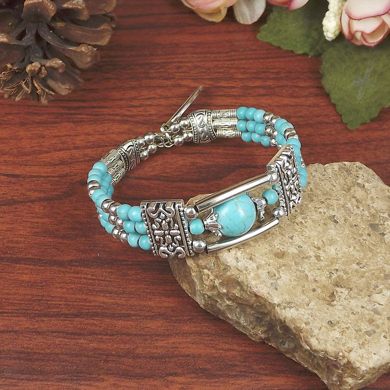 Wholesale Exaggerated Ethnic Style Fashion Tibetan Silver Miao Silver Turquoise Bracelet