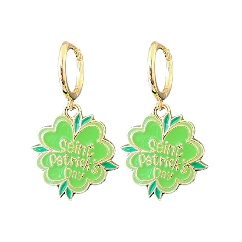 Wholesale   2pairs/pack  St.  Patrick' s Day Rainbow Green Clover Alloy Earrings