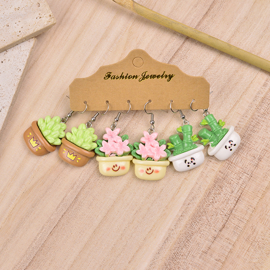 Wholesale Cute Expression Plant Flower Potted Plastic/Resin Earrings Set