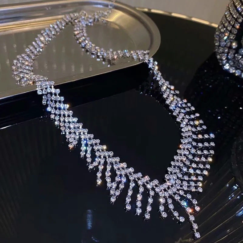 Wholesale Textured Super Flash Rhinestone Tassel Necklace Women's Short Necklace Internet Celebrity Clavicle Chain