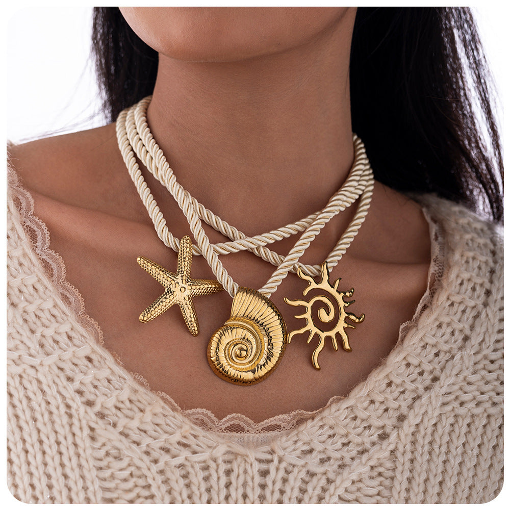 Wholesale Tyna European and American Light Luxury 18K Gold Stainless Steel Conch Sea Star Sun Thick Rope Necklace All-match Cross-border Trendy Jewelry