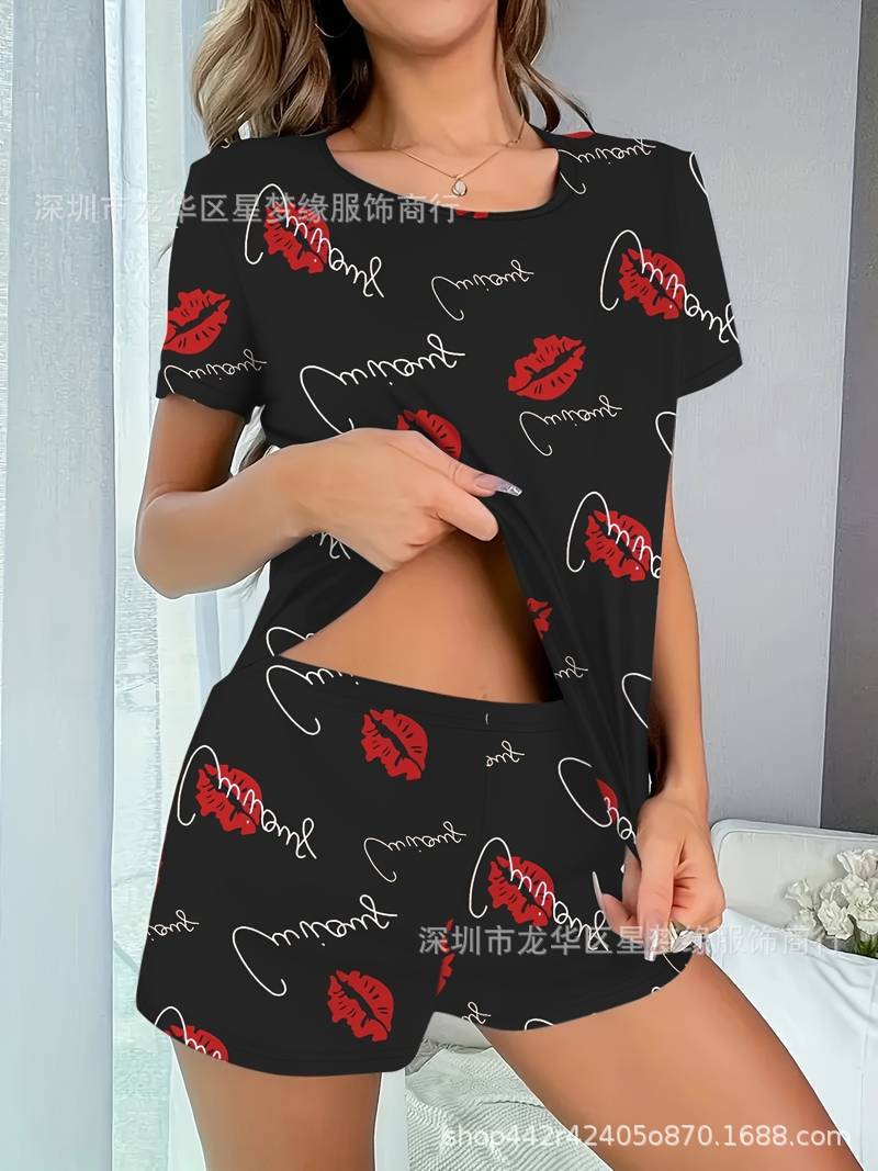 Wholesale Red Lip and Letter Print Set Pajamas