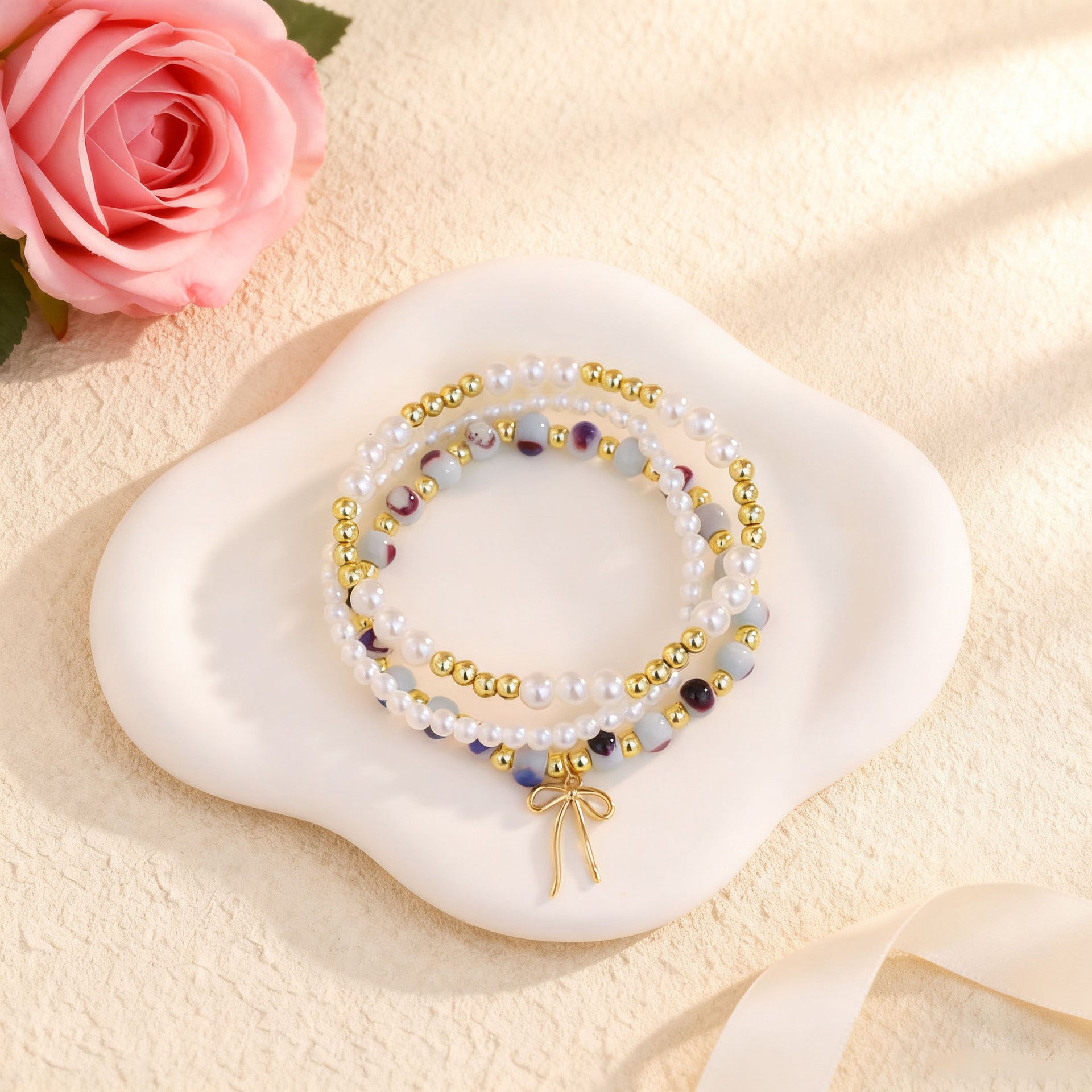 Wholesale Bohemian Blue and White Porcelain Bow Layered Bracelet Set