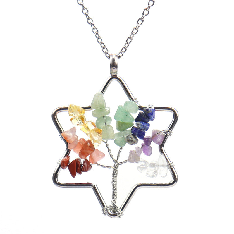 Wholesale Handmade Six-pointed Star Tree of Life Crushed Stone Crystal Necklace