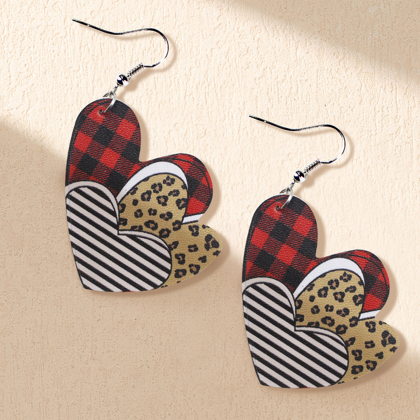 Wholesale Valentine's Day Red and Black Plaid Stripe Tie Dyed Leopard Heart Double Sided Leather Earrings