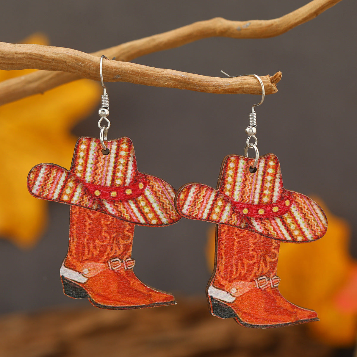 Wholesale Cartoon Sheep Head Cactus Boots Small Flame Cowboy Hat Shoes Wooden Painted Earrings