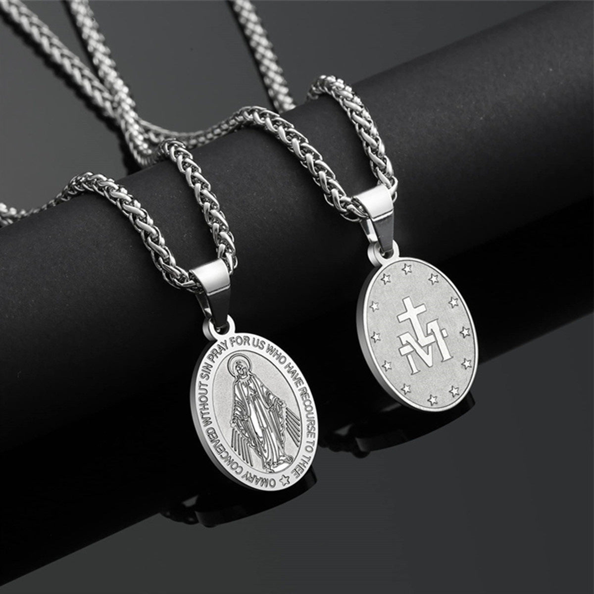 Wholesale Double sided portrait medal cross stainless steel necklace