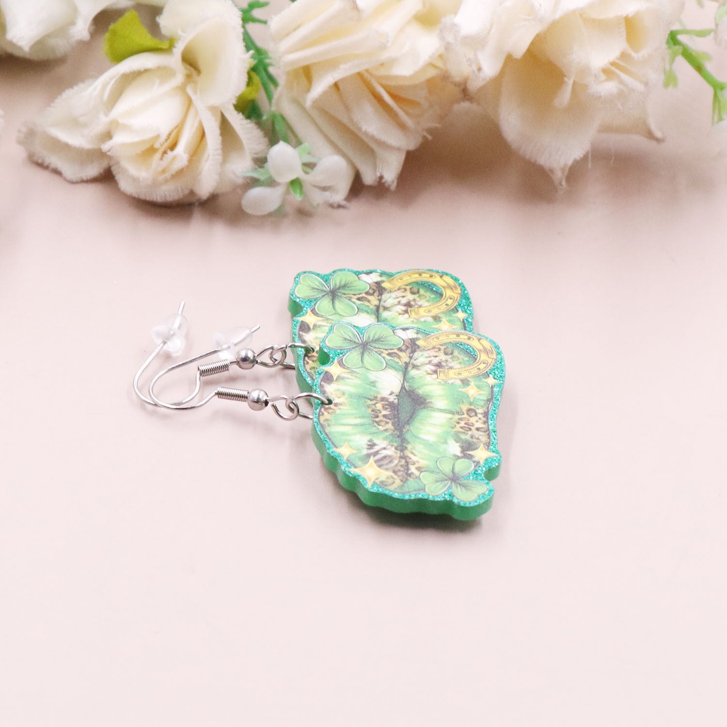 Wholesale Pat's Day Green Four Leaf Clover Acrylic Earrings