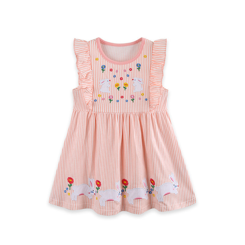 Wholesale Rabbit Embroidery Girls Sleeveless Cotton Princess Dress European Style Boutique