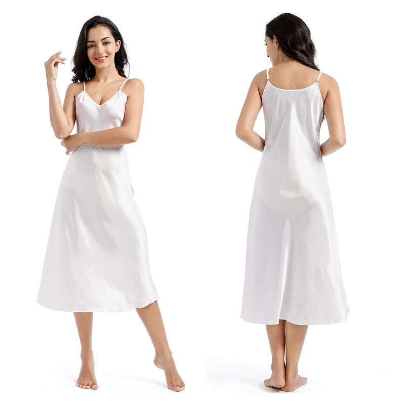 Wholesale Mid-length Slim Sexy Large V-neck Suspender Silk Nightgown