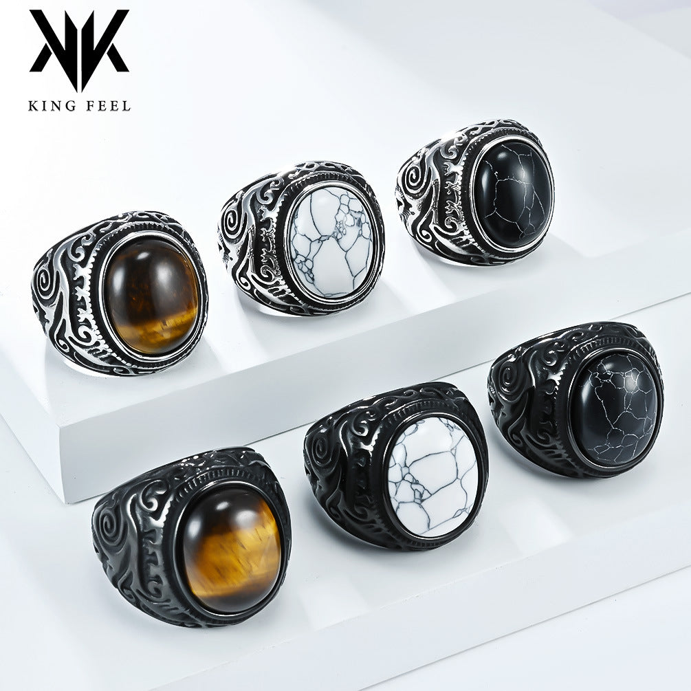 Wholesale Vintage carved flower inlaid tiger eye gemstone Stainless steel ring