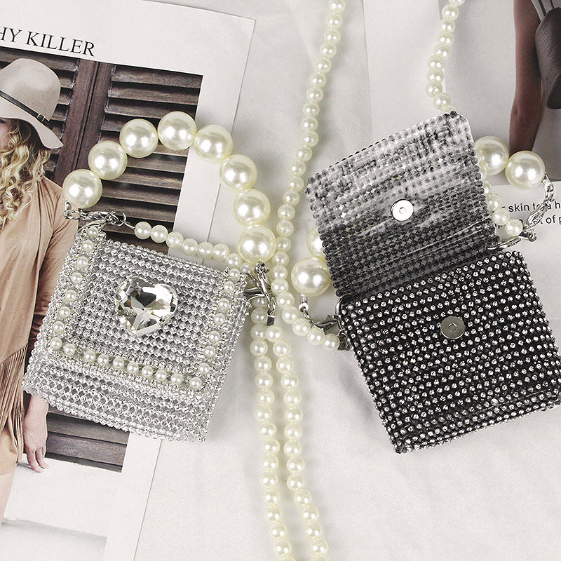 Wholesale Rhinestone Small Square Bag Pearl Chain Mini PVC Crossbody Bag