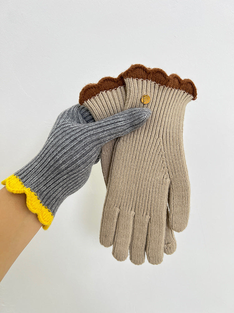 Wholesale Winter Warm Knitted Five-finger Touch Screen Lace Contrasting Color Woolen Gloves