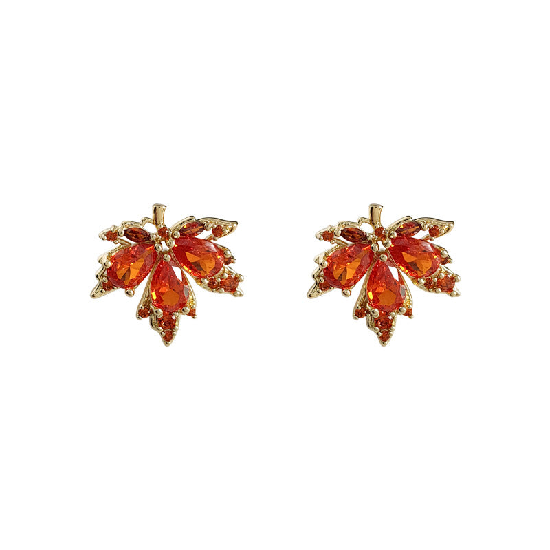Wholesale Micro inlaid zircon red maple leaf silver needle earrings